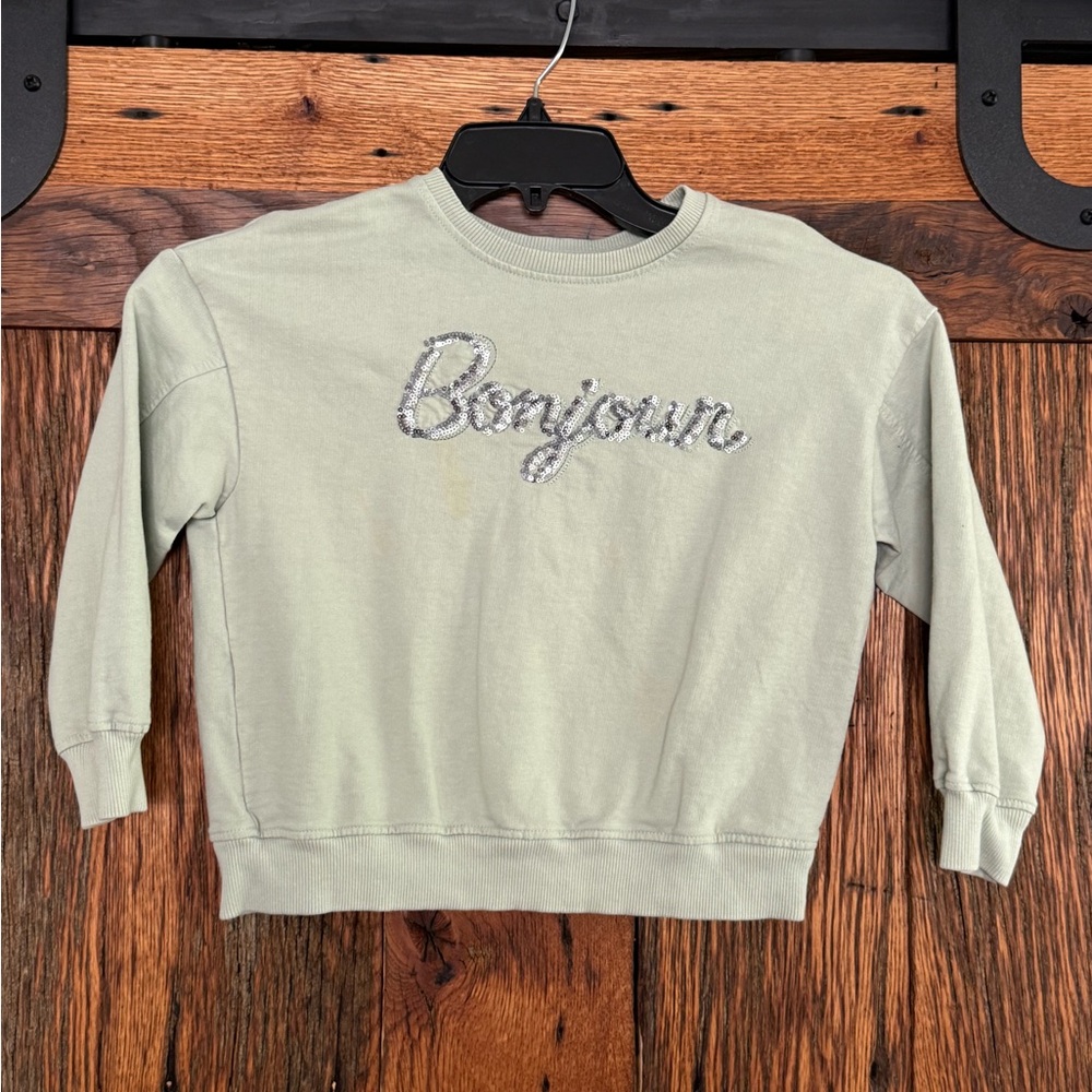 Girls Size 8 Mango “Bonjour” Light Green Sweatshirt